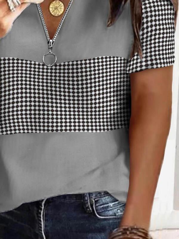 Fashion Plaid Printed V-neck T-shirts - T-shirts - INS | Online Fashion Free Shipping Clothing, Dresses, Tops, Shoes - 04/06/2021 - Color_Gray - Color_White