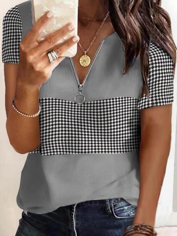 Fashion Plaid Printed V-neck T-shirts - T-shirts - INS | Online Fashion Free Shipping Clothing, Dresses, Tops, Shoes - 04/06/2021 - Color_Gray - Color_White