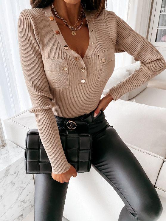 Fashion Pocket V-neck Long-sleeved Top - T-shirts - INS | Online Fashion Free Shipping Clothing, Dresses, Tops, Shoes - 20-30 - 21/06/2021 - color-black