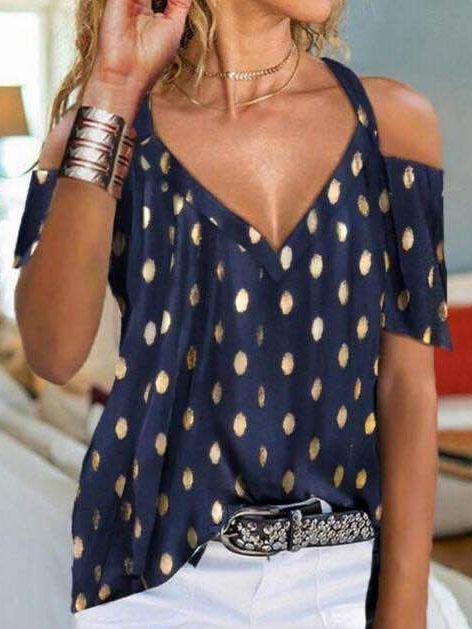 Fashion Polka Dot Print Off Shoulder Short Sleeve Top - T-shirts - INS | Online Fashion Free Shipping Clothing, Dresses, Tops, Shoes - 04/06/2021 - Color_Blue - LXQ