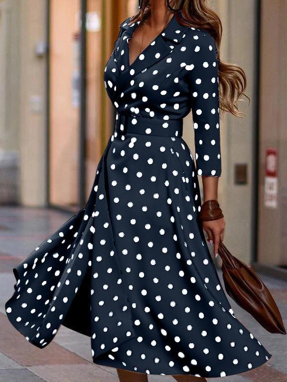 Fashion Polka Dot V-neck Long Sleeve Dress - Midi Dresses - INS | Online Fashion Free Shipping Clothing, Dresses, Tops, Shoes - 10/06/2021 - Color_Blue - Color_Khaki