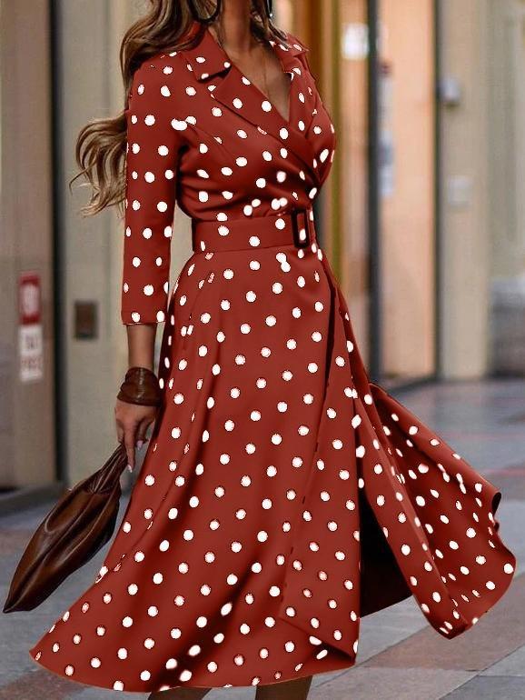 Fashion Polka Dot V-neck Long Sleeve Dress - Midi Dresses - INS | Online Fashion Free Shipping Clothing, Dresses, Tops, Shoes - 10/06/2021 - Color_Blue - Color_Khaki