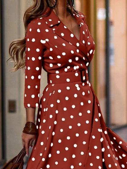 Fashion Polka Dot V-neck Long Sleeve Dress - Midi Dresses - INS | Online Fashion Free Shipping Clothing, Dresses, Tops, Shoes - 10/06/2021 - Color_Blue - Color_Khaki