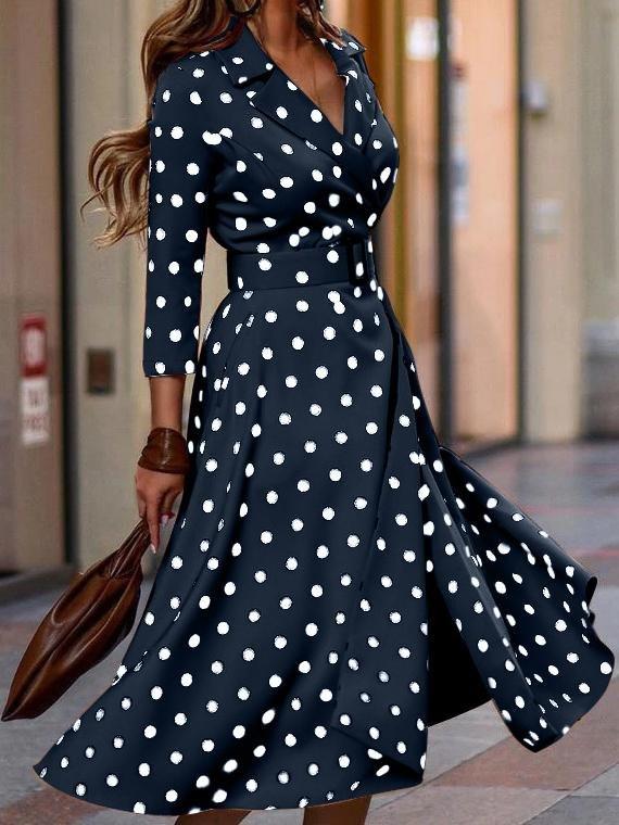 Fashion Polka Dot V-neck Long Sleeve Dress - Midi Dresses - INS | Online Fashion Free Shipping Clothing, Dresses, Tops, Shoes - 10/06/2021 - Color_Blue - Color_Khaki