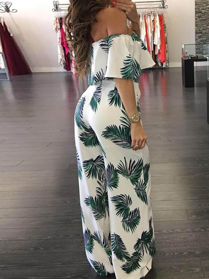 Fashion Print Frilled Off Shoulder Flared Jumpsuit - Jumpsuits & Rompers - INS | Online Fashion Free Shipping Clothing, Dresses, Tops, Shoes - 29/04/2021 - Color_Blue - Color_Green