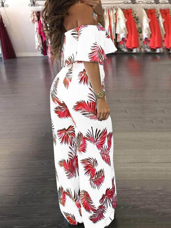 Fashion Print Frilled Off Shoulder Flared Jumpsuit - Jumpsuits & Rompers - INS | Online Fashion Free Shipping Clothing, Dresses, Tops, Shoes - 29/04/2021 - Color_Blue - Color_Green