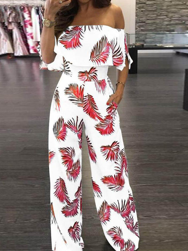 Fashion Print Frilled Off Shoulder Flared Jumpsuit - Jumpsuits & Rompers - INS | Online Fashion Free Shipping Clothing, Dresses, Tops, Shoes - 29/04/2021 - Color_Blue - Color_Green