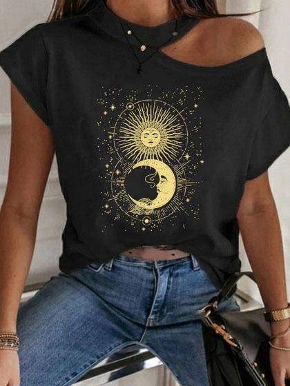 Fashion Print Off Shoulder T-shirt - T-Shirts - INS | Online Fashion Free Shipping Clothing, Dresses, Tops, Shoes - 10-20 - 28/06/2021 - color-black