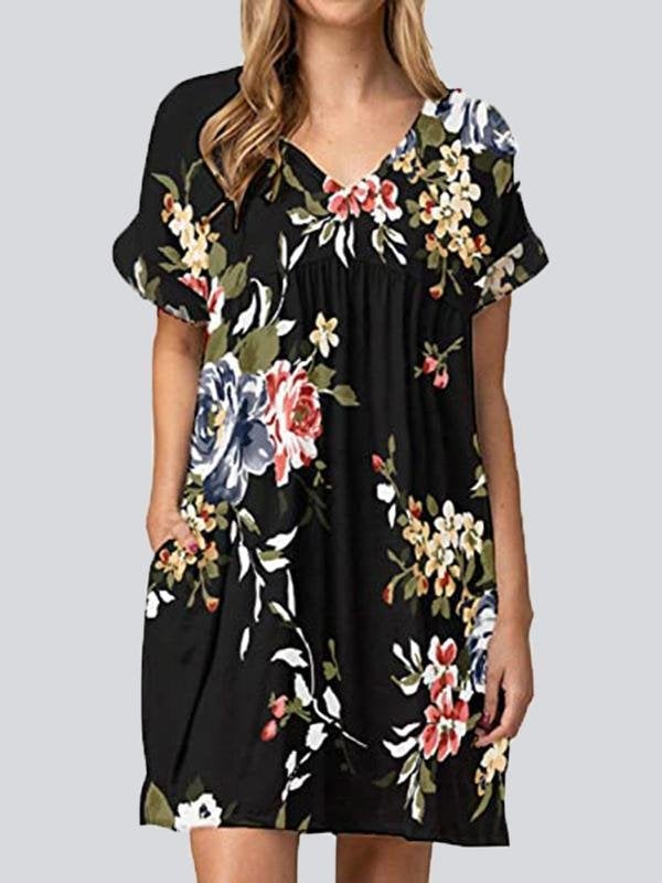 Fashion Print V Neck Short Sleeve Mini Dresses - Mini Dresses - INS | Online Fashion Free Shipping Clothing, Dresses, Tops, Shoes - 22/05/2021 - Color_Black Flower - Color_Blue