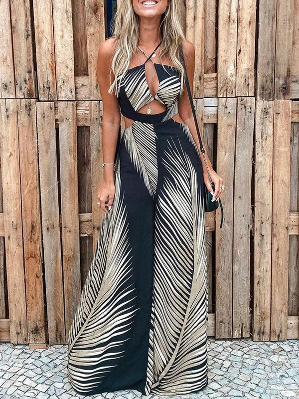 Fashion Printed Hollow Halter Wide-leg Jumpsuit - Jumpsuit & Rompers - INS | Online Fashion Free Shipping Clothing, Dresses, Tops, Shoes - 16/06/2021 - 30-40 - Bottoms