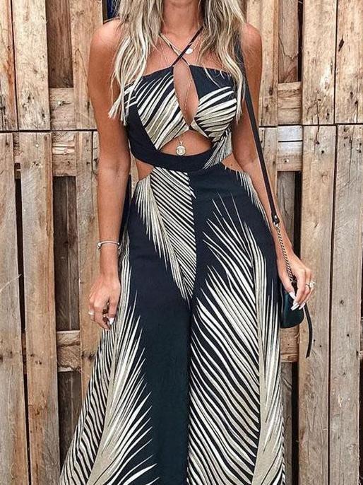 Fashion Printed Hollow Halter Wide-leg Jumpsuit - Jumpsuit & Rompers - INS | Online Fashion Free Shipping Clothing, Dresses, Tops, Shoes - 16/06/2021 - 30-40 - Bottoms