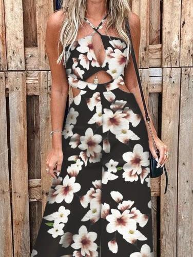 Fashion Printed Hollow Halter Wide-leg Jumpsuit - Jumpsuit & Rompers - INS | Online Fashion Free Shipping Clothing, Dresses, Tops, Shoes - 16/06/2021 - 30-40 - Bottoms
