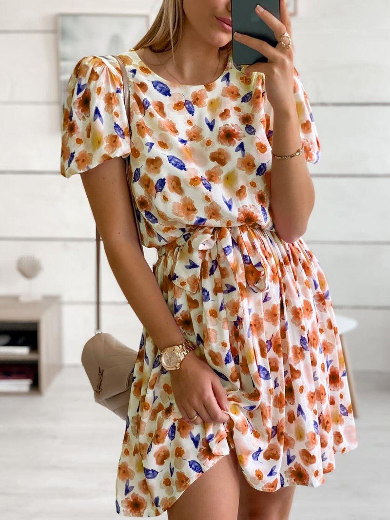 Fashion Printed Round Neck Short Sleeve Dress - Mini Dresses - INS | Online Fashion Free Shipping Clothing, Dresses, Tops, Shoes - 14/07/2021 - 20-30 - color-purple