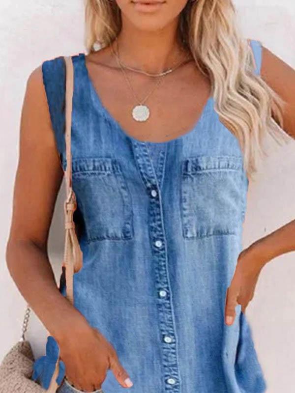 Fashion Retro Solid Sleeveless Vest - Tank Tops - INS | Online Fashion Free Shipping Clothing, Dresses, Tops, Shoes - 03/06/2021 - Color_Blue - LXQ