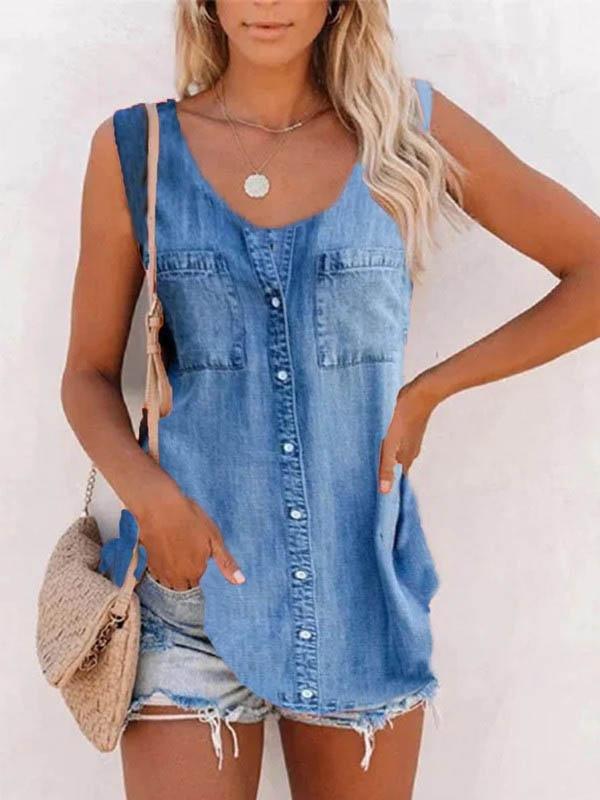 Fashion Retro Solid Sleeveless Vest - Tank Tops - INS | Online Fashion Free Shipping Clothing, Dresses, Tops, Shoes - 03/06/2021 - Color_Blue - LXQ