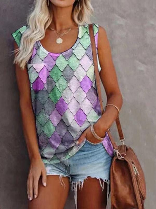 Fashion Rhombus Print Round Neck Sleeveless Top - Tank Tops - INS | Online Fashion Free Shipping Clothing, Dresses, Tops, Shoes - 08/06/2021 - Color_Apricot - Color_Black