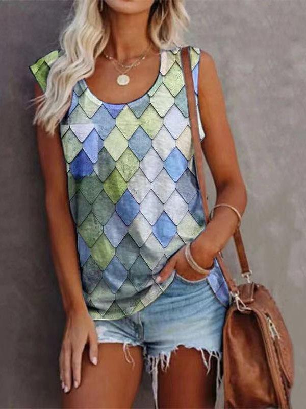Fashion Rhombus Print Round Neck Sleeveless Top - Tank Tops - INS | Online Fashion Free Shipping Clothing, Dresses, Tops, Shoes - 08/06/2021 - Color_Apricot - Color_Black