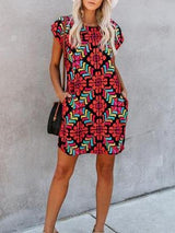 Fashion Short Sleeve Round Neck Printed Holiday Dress - Mini Dresses - INS | Online Fashion Free Shipping Clothing, Dresses, Tops, Shoes - 18/06/2021 - 20-30 - color-red