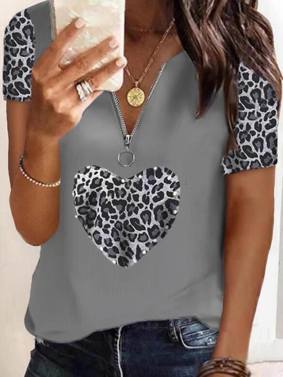 Fashion Short-sleeved Heart Printed T-shirt - T-shirts - INS | Online Fashion Free Shipping Clothing, Dresses, Tops, Shoes - 04/06/2021 - Color_Gray - LXQ