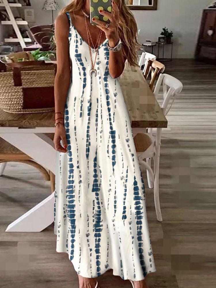 Fashion Sling Printed V Neck Sleeveless A-line Maxi Dress - Maxi Dresses - INS | Online Fashion Free Shipping Clothing, Dresses, Tops, Shoes - 20/05/2021 - Color_White - DRE2105201026