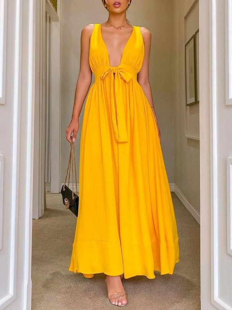 Fashion Solid Color Deep V Neck Backless Maxi Dress - Maxi Dresses - INS | Online Fashion Free Shipping Clothing, Dresses, Tops, Shoes - 20/05/2021 - Color_Yellow - DRE2105201025