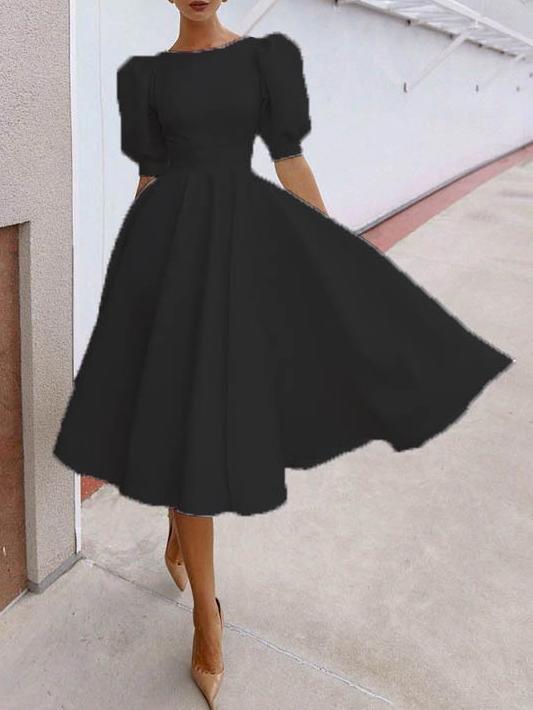 Fashion Solid Puff Mid Sleeve Big Swing Midi Dresses - Midi Dresses - INS | Online Fashion Free Shipping Clothing, Dresses, Tops, Shoes - 06/07/2021 - 30-40 - color-black