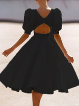 Fashion Solid Puff Mid Sleeve Big Swing Midi Dresses - Midi Dresses - INS | Online Fashion Free Shipping Clothing, Dresses, Tops, Shoes - 06/07/2021 - 30-40 - color-black