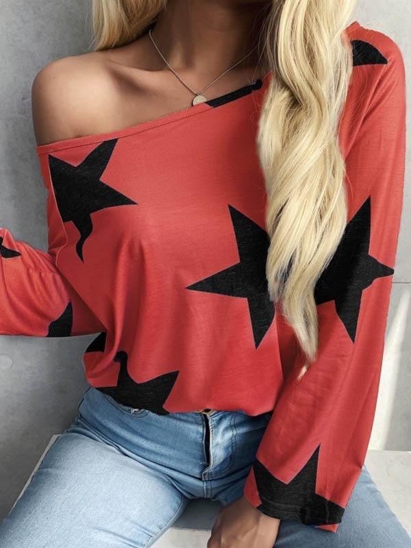 Fashion Star Print Long Sleeve Blouses - T-shirts - INS | Online Fashion Free Shipping Clothing, Dresses, Tops, Shoes - 04/06/2021 - BLO2106040010 - Color_Blue