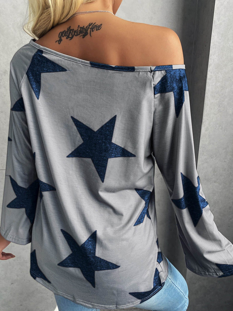 Fashion Star Print Long Sleeve Blouses - T-shirts - INS | Online Fashion Free Shipping Clothing, Dresses, Tops, Shoes - 04/06/2021 - BLO2106040010 - Color_Blue