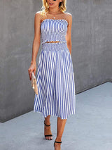 Fashion Stripes Sleeveless Crop Top & Skirt Set - Two-piece Outfits - INS | Online Fashion Free Shipping Clothing, Dresses, Tops, Shoes - 24/05/2021 - Color_Blue - Color_White