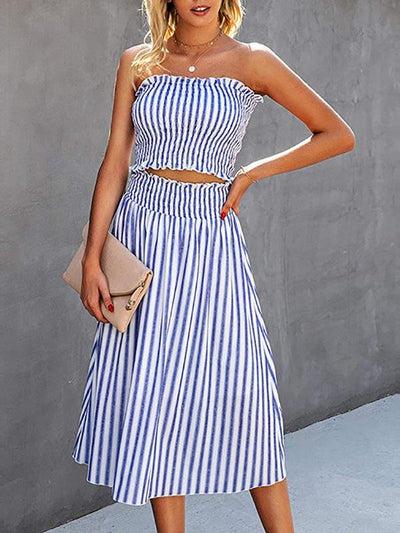 Fashion Stripes Sleeveless Crop Top & Skirt Set - Two-piece Outfits - INS | Online Fashion Free Shipping Clothing, Dresses, Tops, Shoes - 24/05/2021 - Color_Blue - Color_White