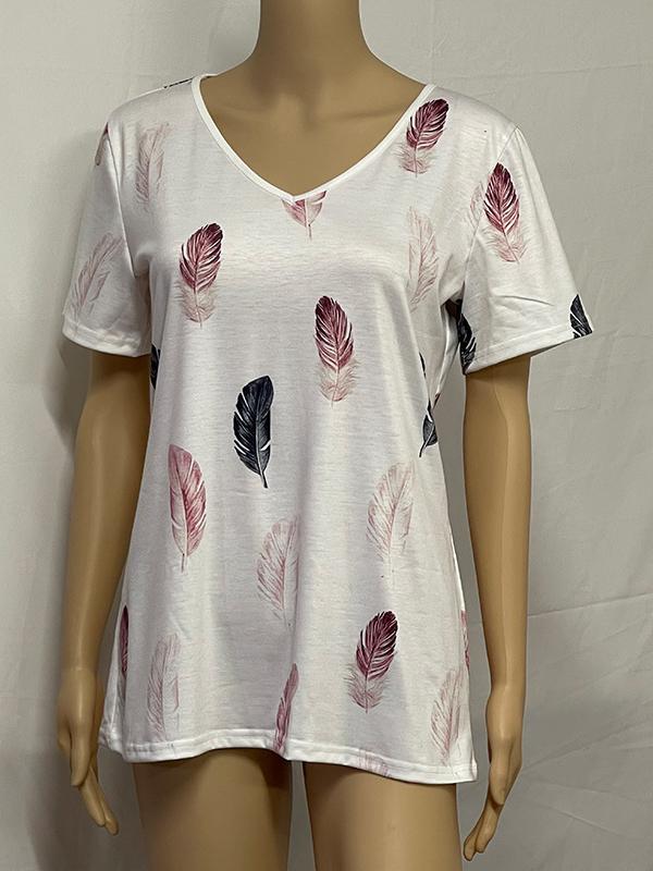 Fashion Summer Feather Print V-neck Short-sleeved Top - T-shirts - INS | Online Fashion Free Shipping Clothing, Dresses, Tops, Shoes - 31/05/2021 - Color_White - LXQ