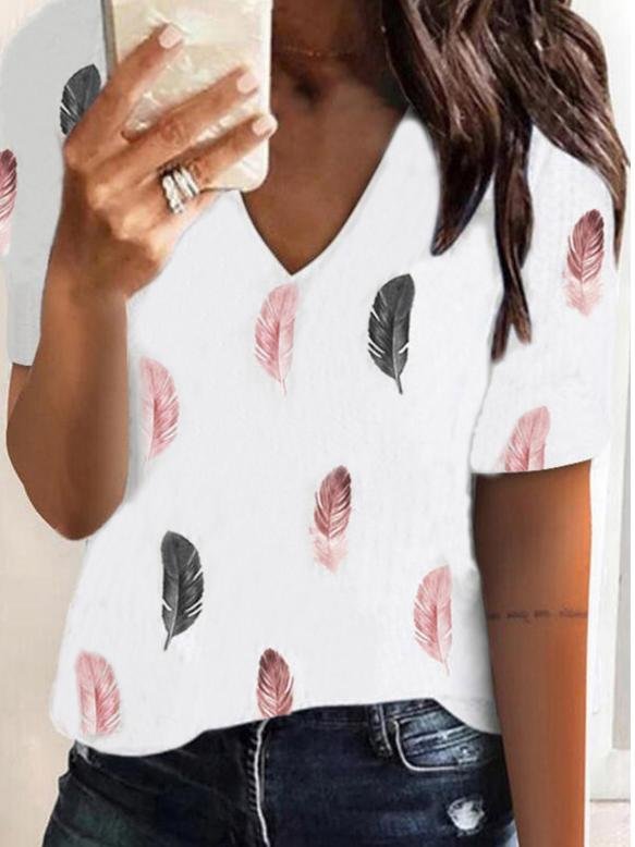 Fashion Summer Feather Print V-neck Short-sleeved Top - T-shirts - INS | Online Fashion Free Shipping Clothing, Dresses, Tops, Shoes - 31/05/2021 - Color_White - LXQ