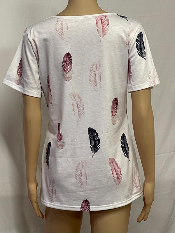 Fashion Summer Feather Print V-neck Short-sleeved Top - T-shirts - INS | Online Fashion Free Shipping Clothing, Dresses, Tops, Shoes - 31/05/2021 - Color_White - LXQ