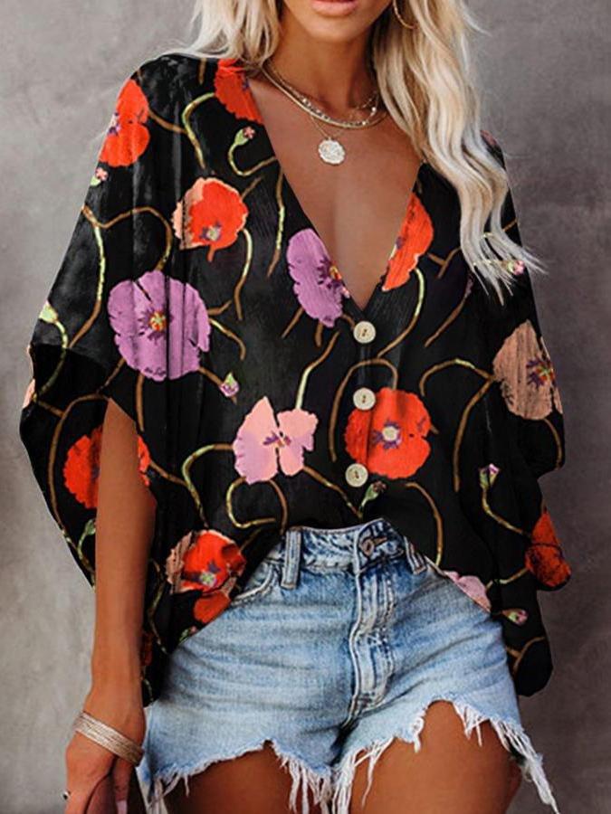 Fashion V-neck Bat Sleeve Floral Print Blouse - Blouses - INS | Online Fashion Free Shipping Clothing, Dresses, Tops, Shoes - 12/07/2021 - 20-30 - BLO2107121184