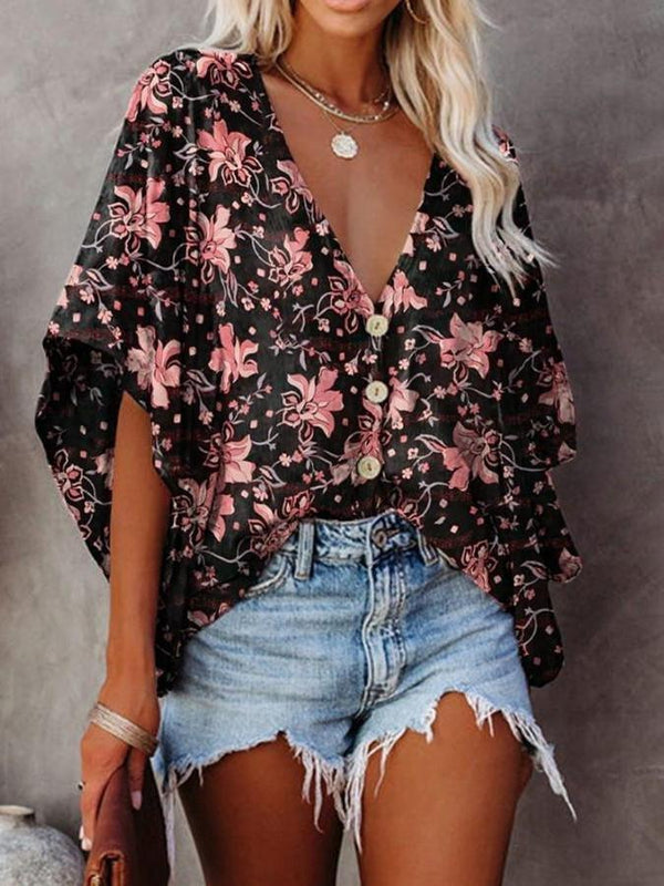 Fashion V-neck Bat Sleeve Floral Print Blouse - Blouses - INS | Online Fashion Free Shipping Clothing, Dresses, Tops, Shoes - 12/07/2021 - 20-30 - BLO2107121184