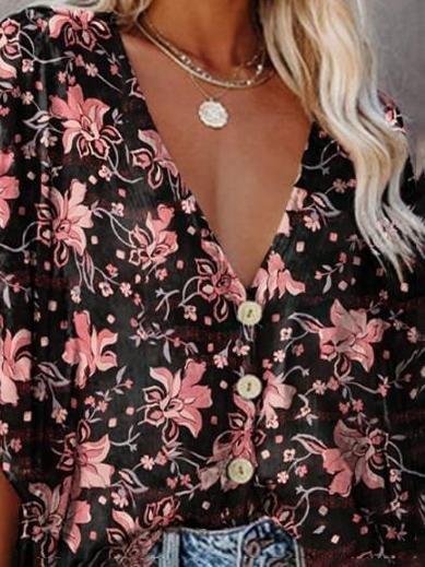 Fashion V-neck Bat Sleeve Floral Print Blouse - Blouses - INS | Online Fashion Free Shipping Clothing, Dresses, Tops, Shoes - 12/07/2021 - 20-30 - BLO2107121184