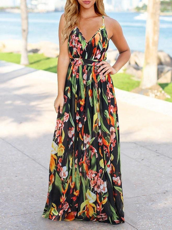 Fashion V-neck Bohemian Floral Sling Long Skirt - Maxi Dresses - INS | Online Fashion Free Shipping Clothing, Dresses, Tops, Shoes - 09/06/2021 - Color_Black - Color_Blue