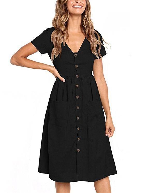 Fashion V-neck Button Pocket Short Sleeve Dress - Mini Dresses - INS | Online Fashion Free Shipping Clothing, Dresses, Tops, Shoes - 01/06/2021 - Color_Black - Color_Blue