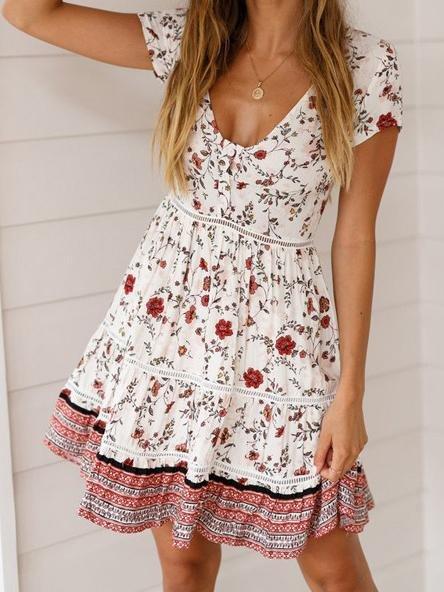 Fashion V-neck Cutout Short Sleeve Bohemian Print Dress - Mini Dresses - INS | Online Fashion Free Shipping Clothing, Dresses, Tops, Shoes - 01/06/2021 - Color_Blue - Color_White