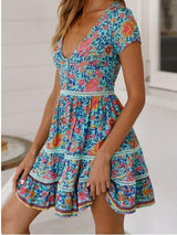 Fashion V-neck Cutout Short Sleeve Bohemian Print Dress - Mini Dresses - INS | Online Fashion Free Shipping Clothing, Dresses, Tops, Shoes - 01/06/2021 - Color_Blue - Color_White