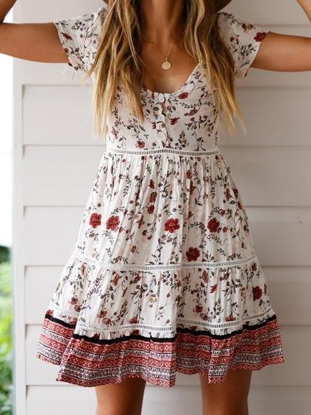 Fashion V-neck Cutout Short Sleeve Bohemian Print Dress - Mini Dresses - INS | Online Fashion Free Shipping Clothing, Dresses, Tops, Shoes - 01/06/2021 - Color_Blue - Color_White