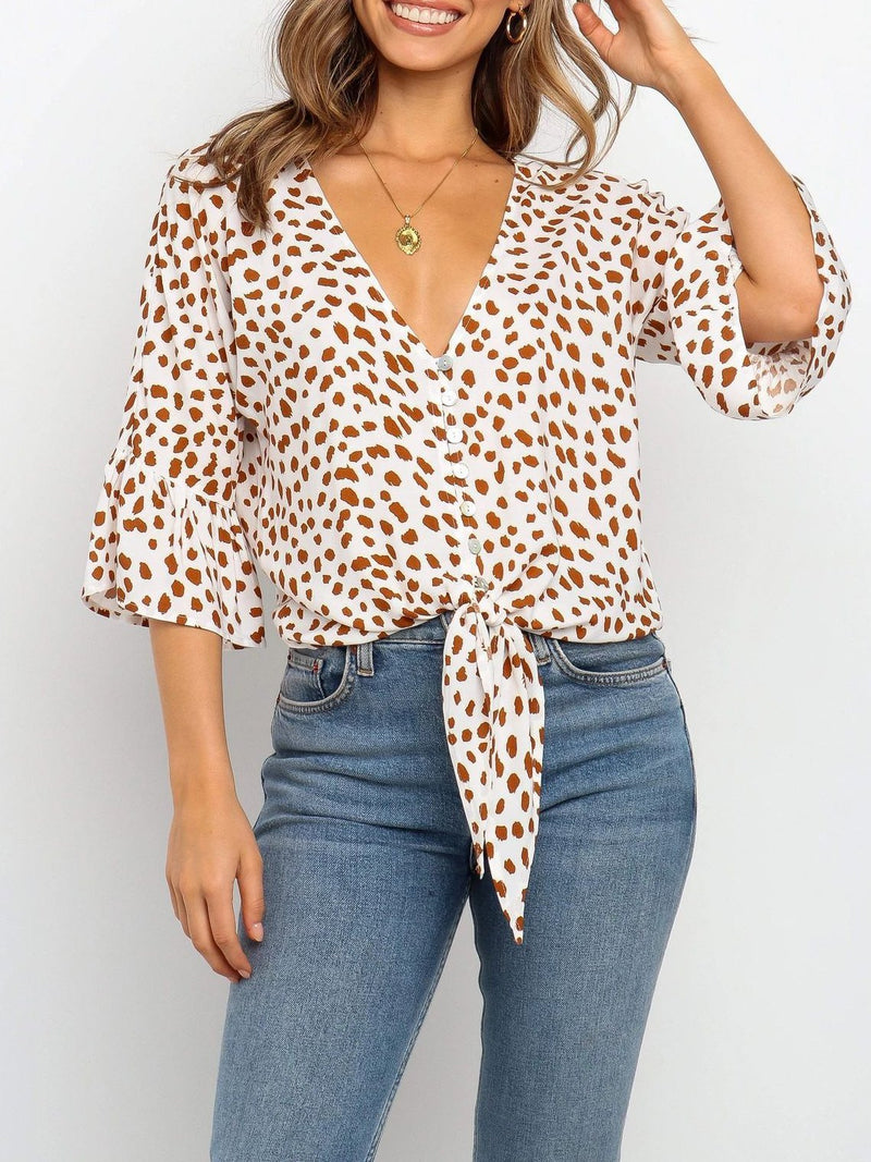 Fashion V-neck Flared Sleeve Knotted Top - Blouses - INS | Online Fashion Free Shipping Clothing, Dresses, Tops, Shoes - 11/06/2021 - BLO2106110096 - Blouses