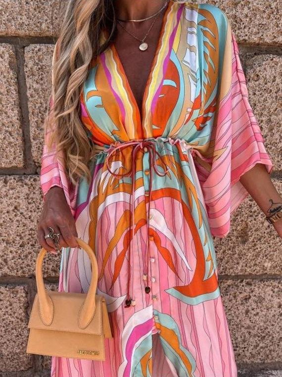 Fashion V-neck Mid-sleeve Print Dress - Maxi Dresses - INS | Online Fashion Free Shipping Clothing, Dresses, Tops, Shoes - 23/06/2021 - 40-50 - color-pink