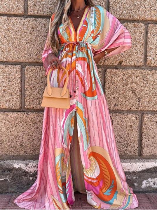 Fashion V-neck Mid-sleeve Print Dress - Maxi Dresses - INS | Online Fashion Free Shipping Clothing, Dresses, Tops, Shoes - 23/06/2021 - 40-50 - color-pink