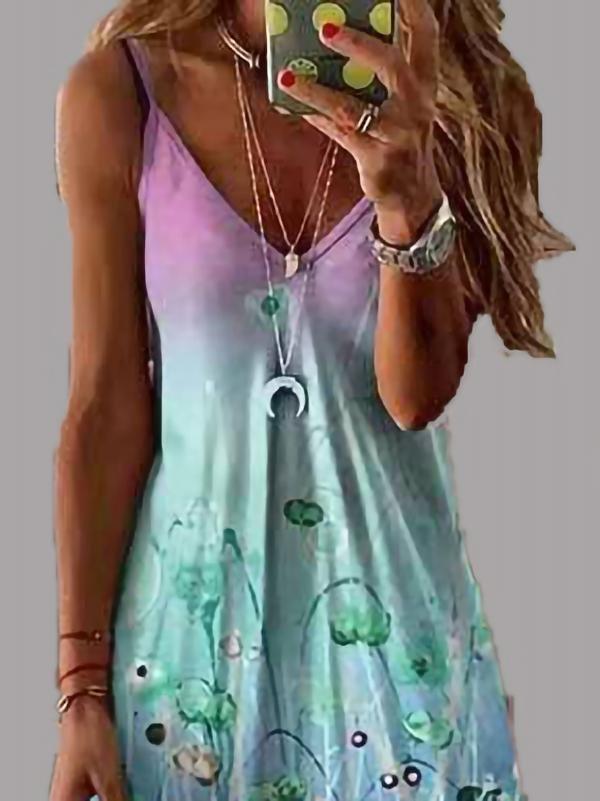 Fashion V-neck Print Suspender Dress - Maxi Dresses - INS | Online Fashion Free Shipping Clothing, Dresses, Tops, Shoes - 10/06/2021 - Color_Blue - Color_Green