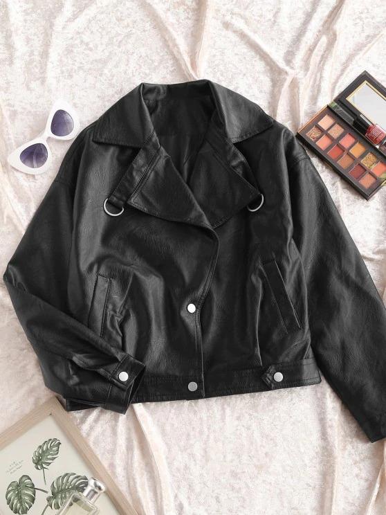 Faux Leather Snap Button Pockets Biker Jacket - INS | Online Fashion Free Shipping Clothing, Dresses, Tops, Shoes