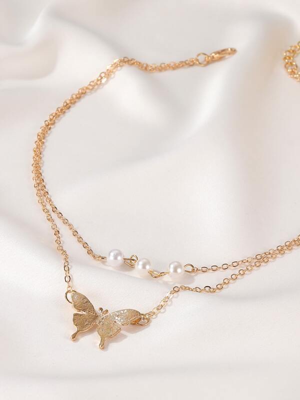 Faux Pearl Decor Butterfly Charm Layered Necklace - INS | Online Fashion Free Shipping Clothing, Dresses, Tops, Shoes