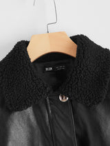 Faux Shearling Collar Zip Up PU Leather Jacket - INS | Online Fashion Free Shipping Clothing, Dresses, Tops, Shoes