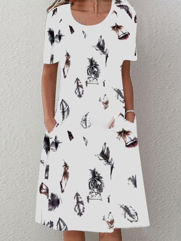 Feather Print Casual Round Neck Short Sleeve Pocket Dress - Midi Dresses - INS | Online Fashion Free Shipping Clothing, Dresses, Tops, Shoes - 07/07/2021 - 10-20 - Category_Midi Dresses
